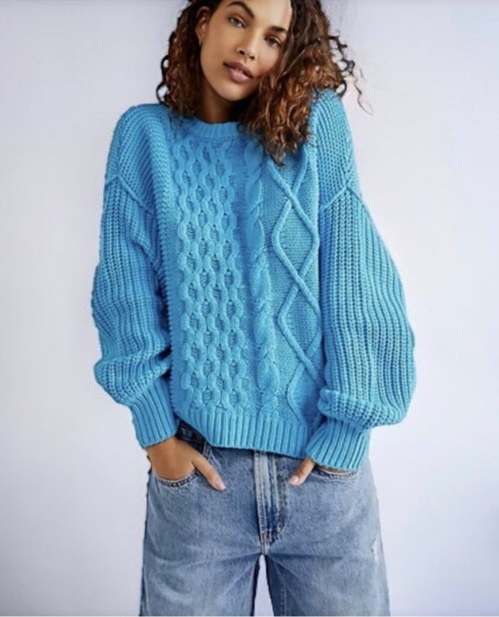 Free People Blue Cable Knit Oversized Balloon Sleeve Sweater XS